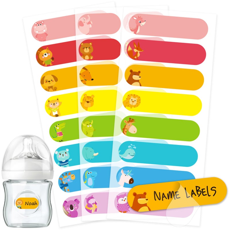 CHUBBIEE Baby Bottle & Daycare Name Labels, Self-Laminating Waterproof Stickers for Kids Stuff, Dishwasher Safe Write-On Name Tags for School & Home, Assorted Sizes & Colors, Pack of 64 (Animal Friends) - Image 1